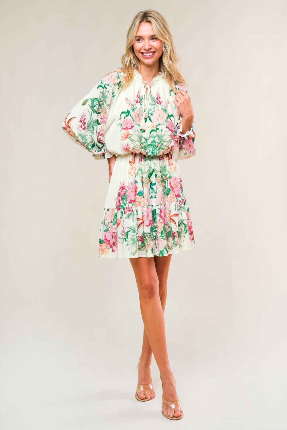 HAPPIEST HERE WOVEN MINI DRESS.