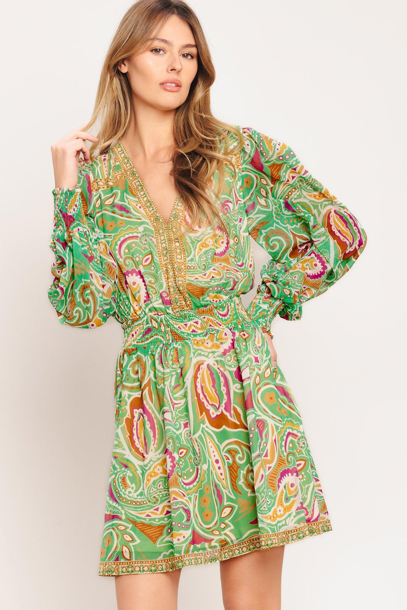 A printed woven mini dress featuring V neckline, long sleeve with smocked cuff, smocked waist band and full skirt
Details:
Self : 100% Polyester
Lining: 100% Polyester
Size & Fit
- Model is 5`7" And Wearing Size Small
- Measurements Taken From Size Small
- Approx. Length: 36"