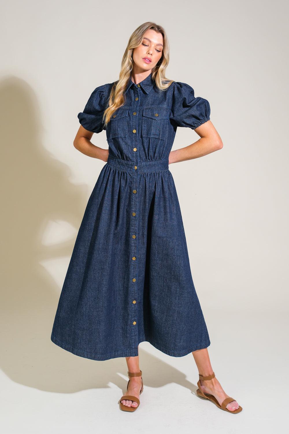 white christmas dresses Relaxed Western Denim Midi Shirt Dress with Button Front for Women