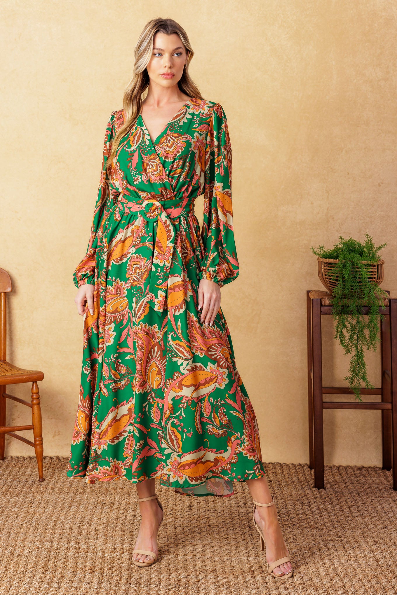 A printed woven midi dress featuring surplice neckline, long puff sleeve, elasticized waist, self belt and full skirt
Details:
Self : 100% Polyester
Lining : 100% Polyester
Size & Fit
- Model is 5`9" And Wearing Size Small
- Measurements Taken From Size Small
- Approx. Length: 52"