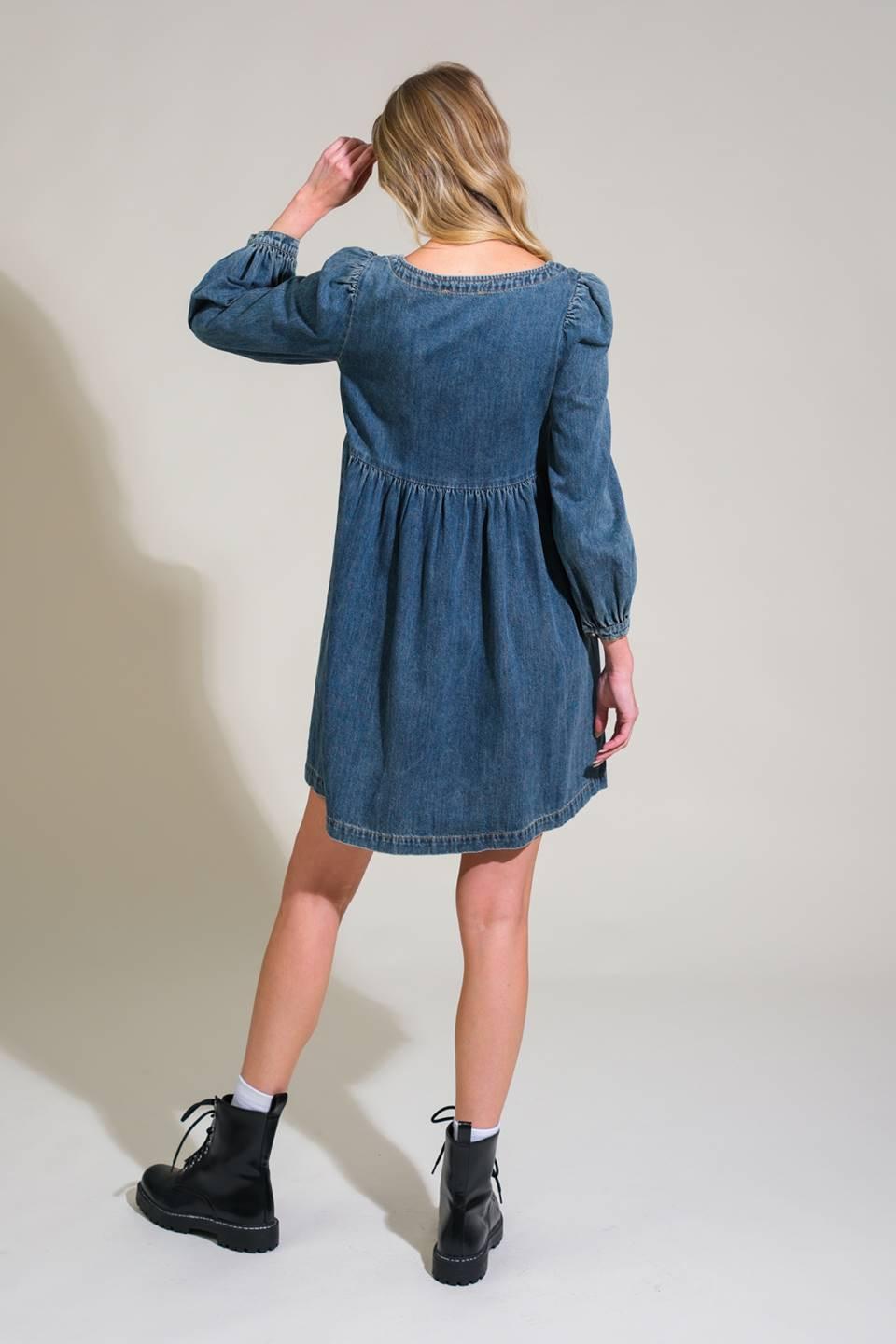 EXOTIC ESCAPE DENIM MINI DRESS.