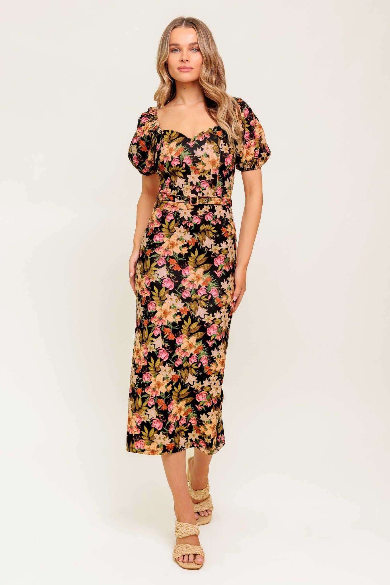 SWEET AT HEART WOVEN MIDI DRESS.