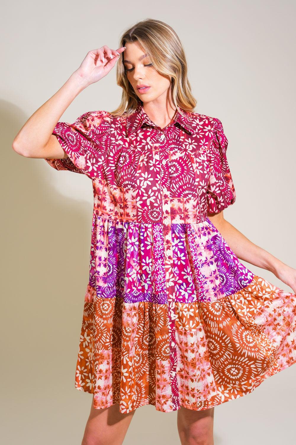 KEEP IT INTERESTING WOVEN MINI DRESS.