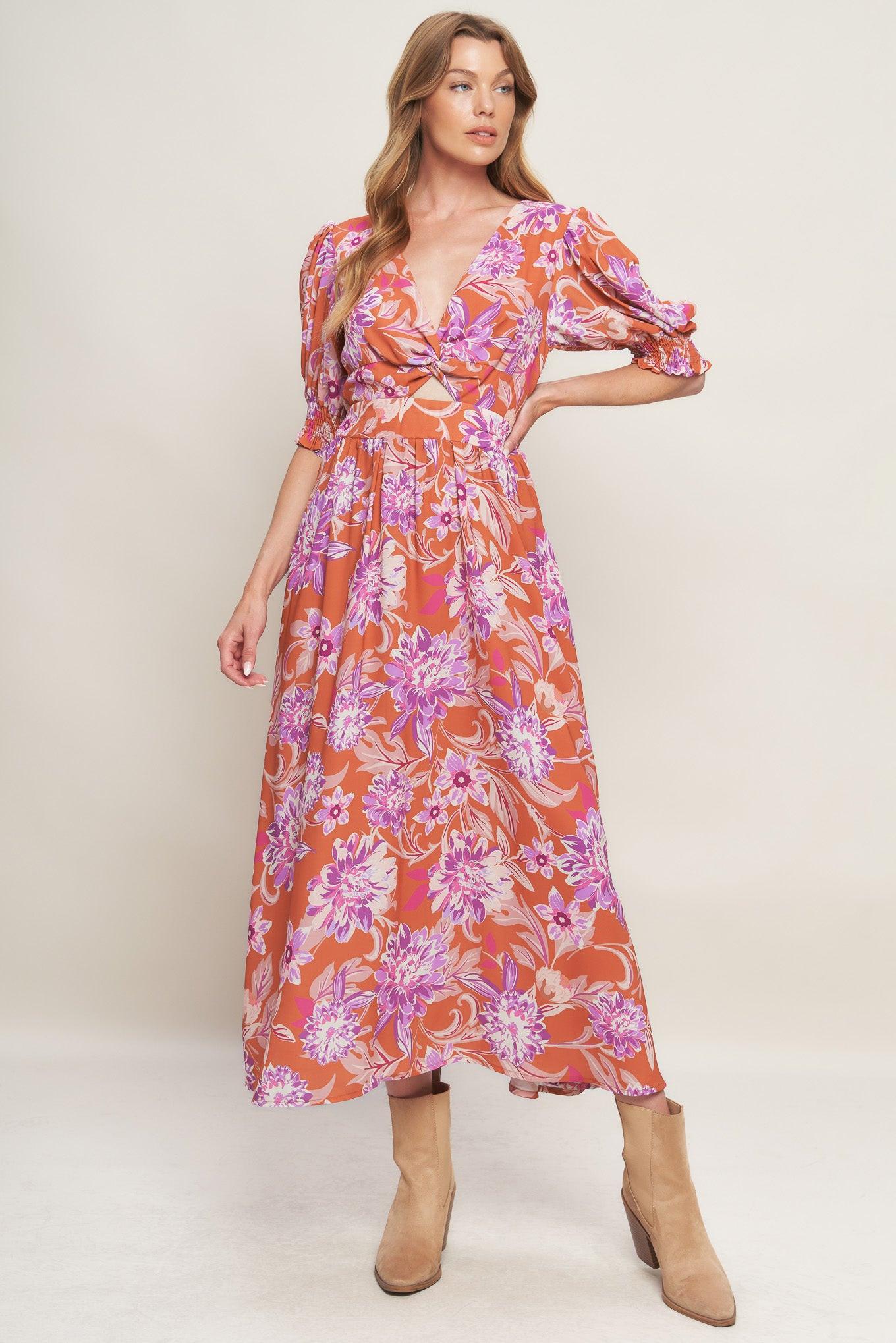 MEADOW SERENADE WOVEN MIDI DRESS.