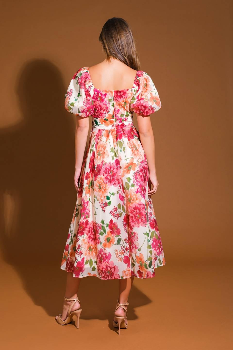 FLORAL REVERIE WOVEN MIDI DRESS.