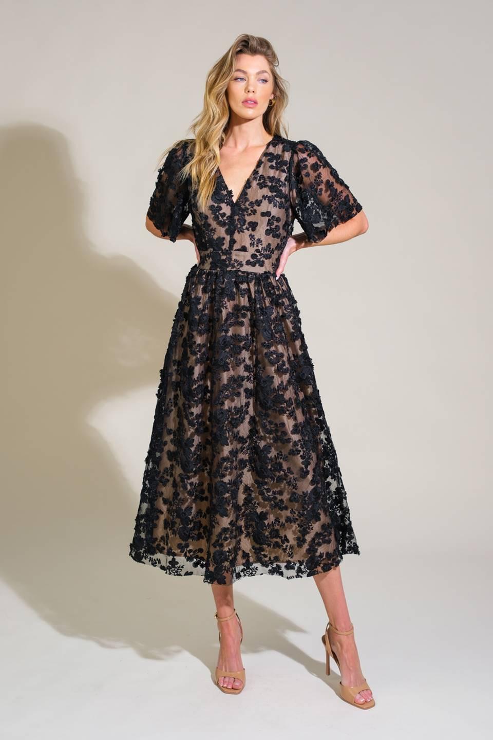 DREAMY BLOSSOM WOVEN LACE MIDI DRESS.