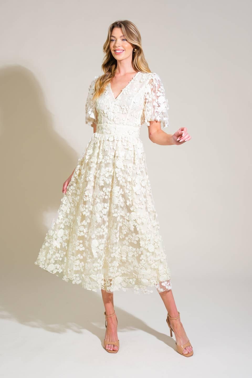 DREAMY BLOSSOM WOVEN LACE MIDI DRESS.