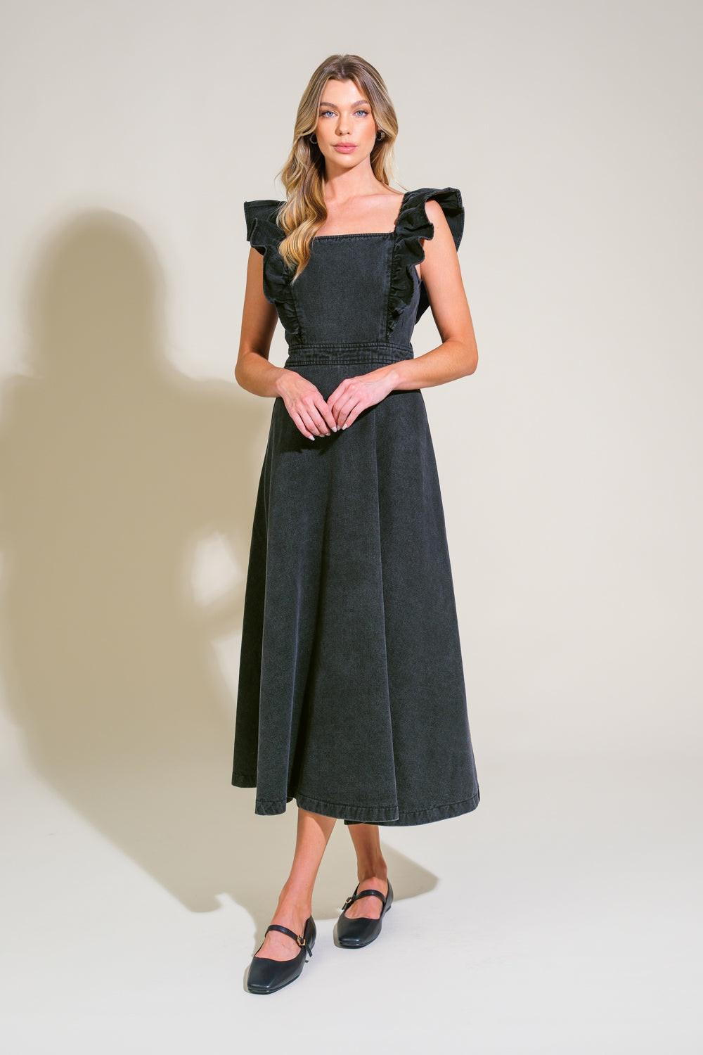 TIMELESS CHARM DENIM MIDI DRESS.
