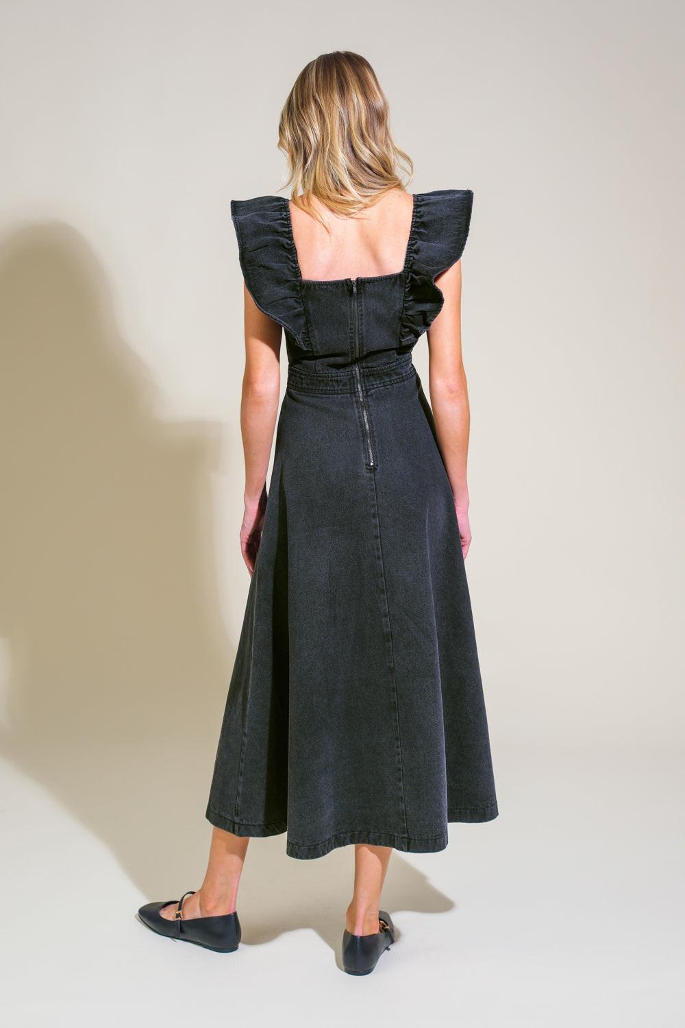 TIMELESS CHARM DENIM MIDI DRESS.