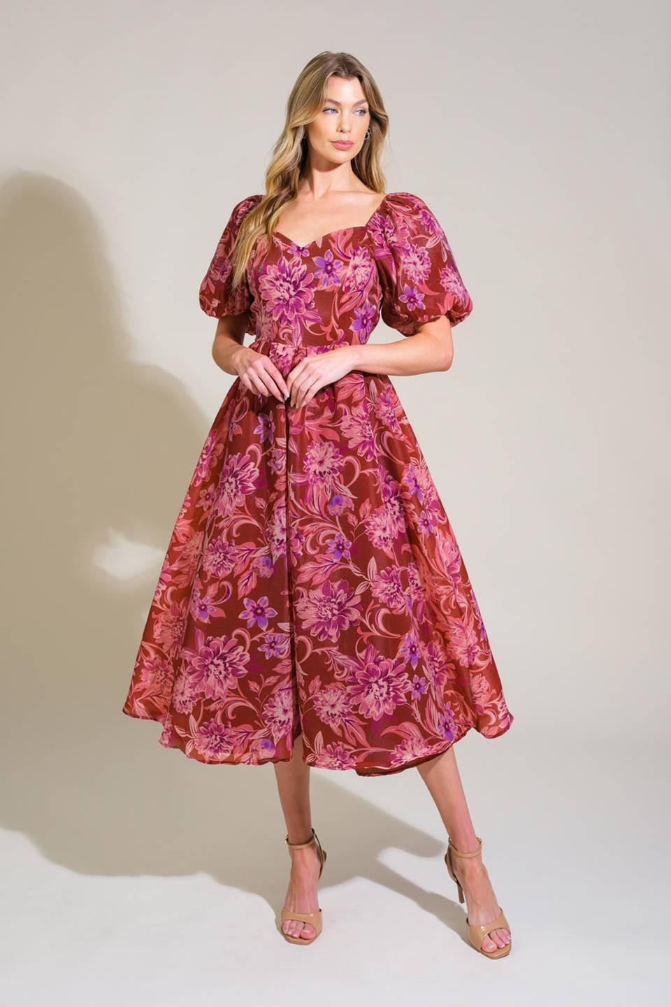 RADIANT DAY FLORAL WOVEN MIDI DRESS.