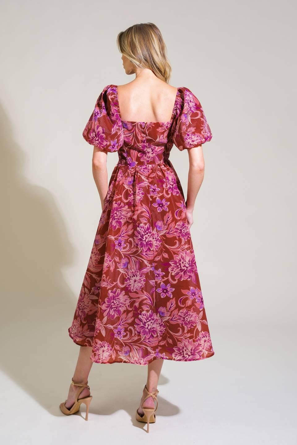 RADIANT DAY FLORAL WOVEN MIDI DRESS.