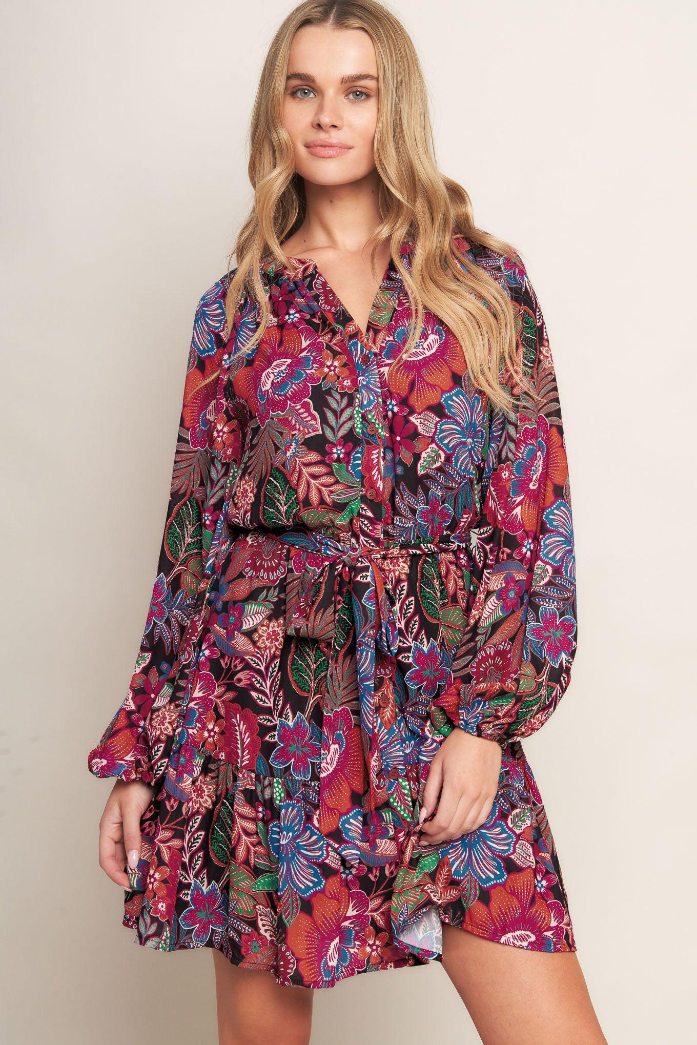 FLORAL BLISS WOVEN MINI DRESS.