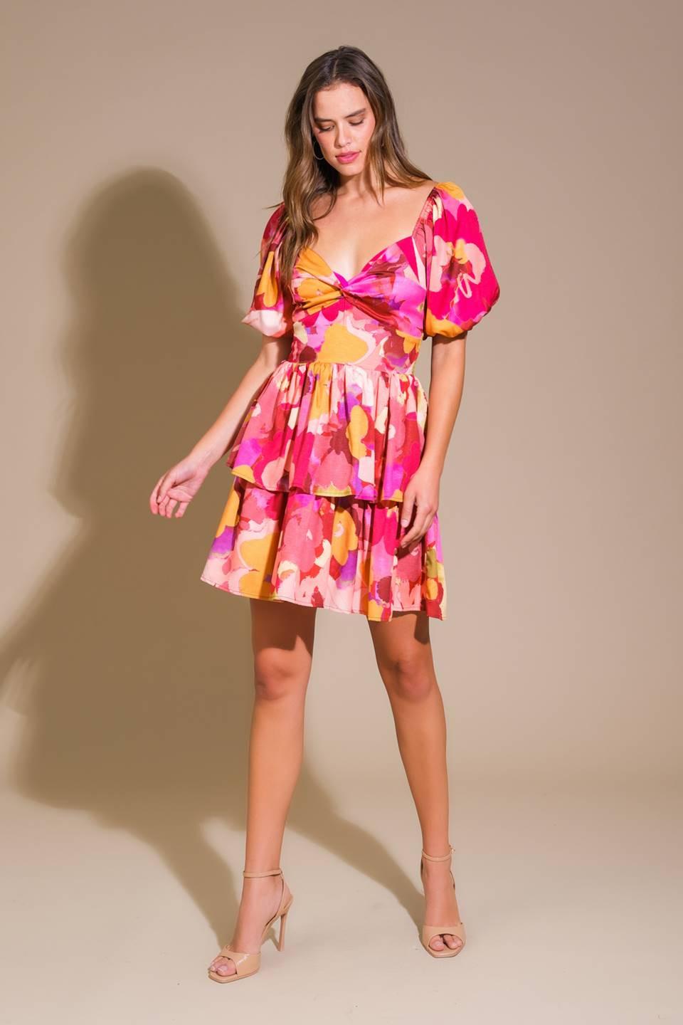knee length dresses for ladies Whimsical Beauty Woven Mini Dress L Flying Tomato Magenta Mustard / S