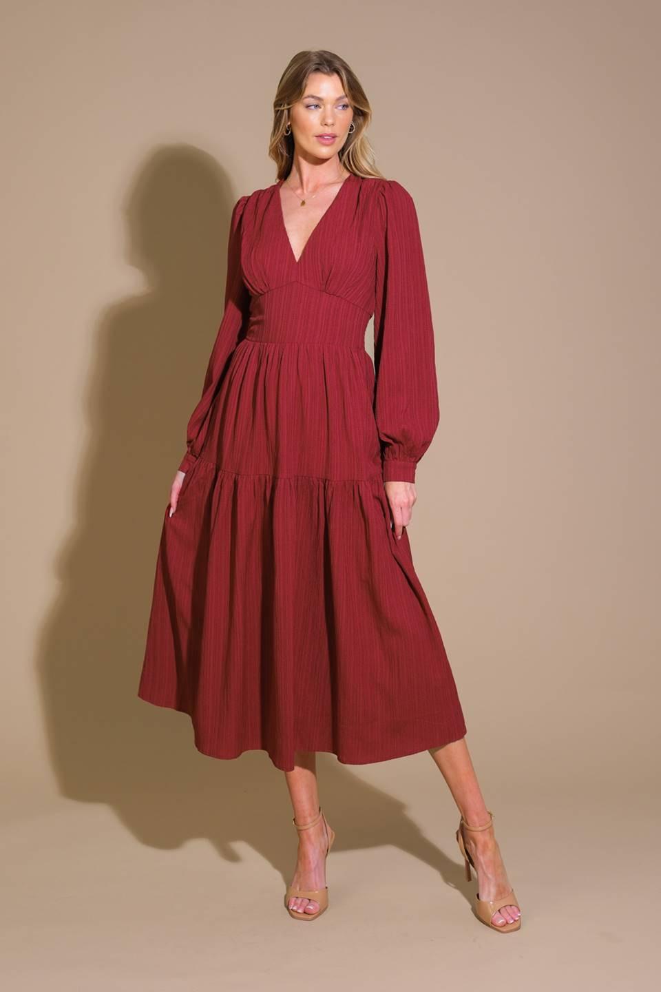 POSH PRESENCE WOVEN MIDI DRESS.