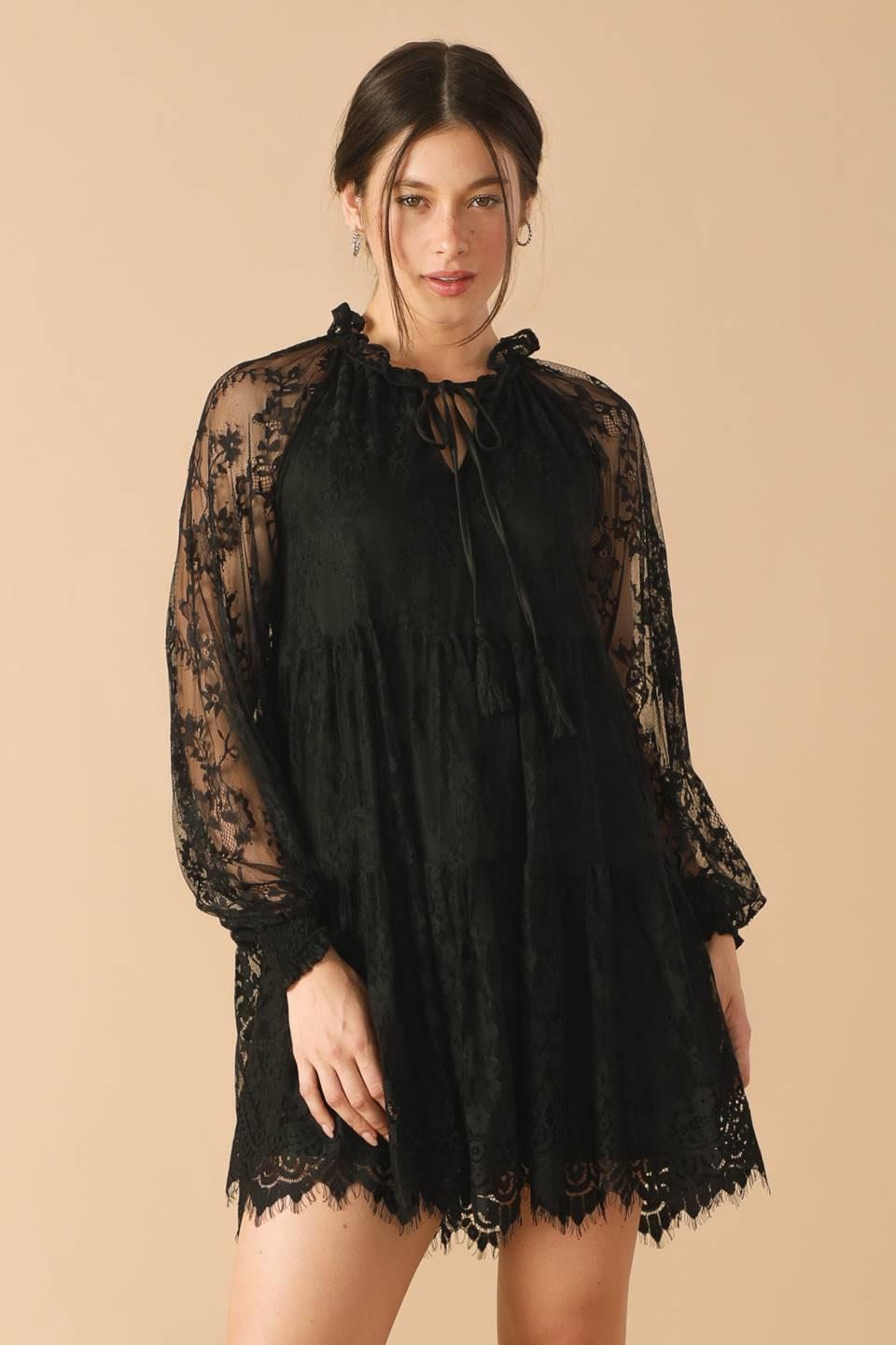 THIS & THAT BLACK WOVEN LACE MINI DRESS.