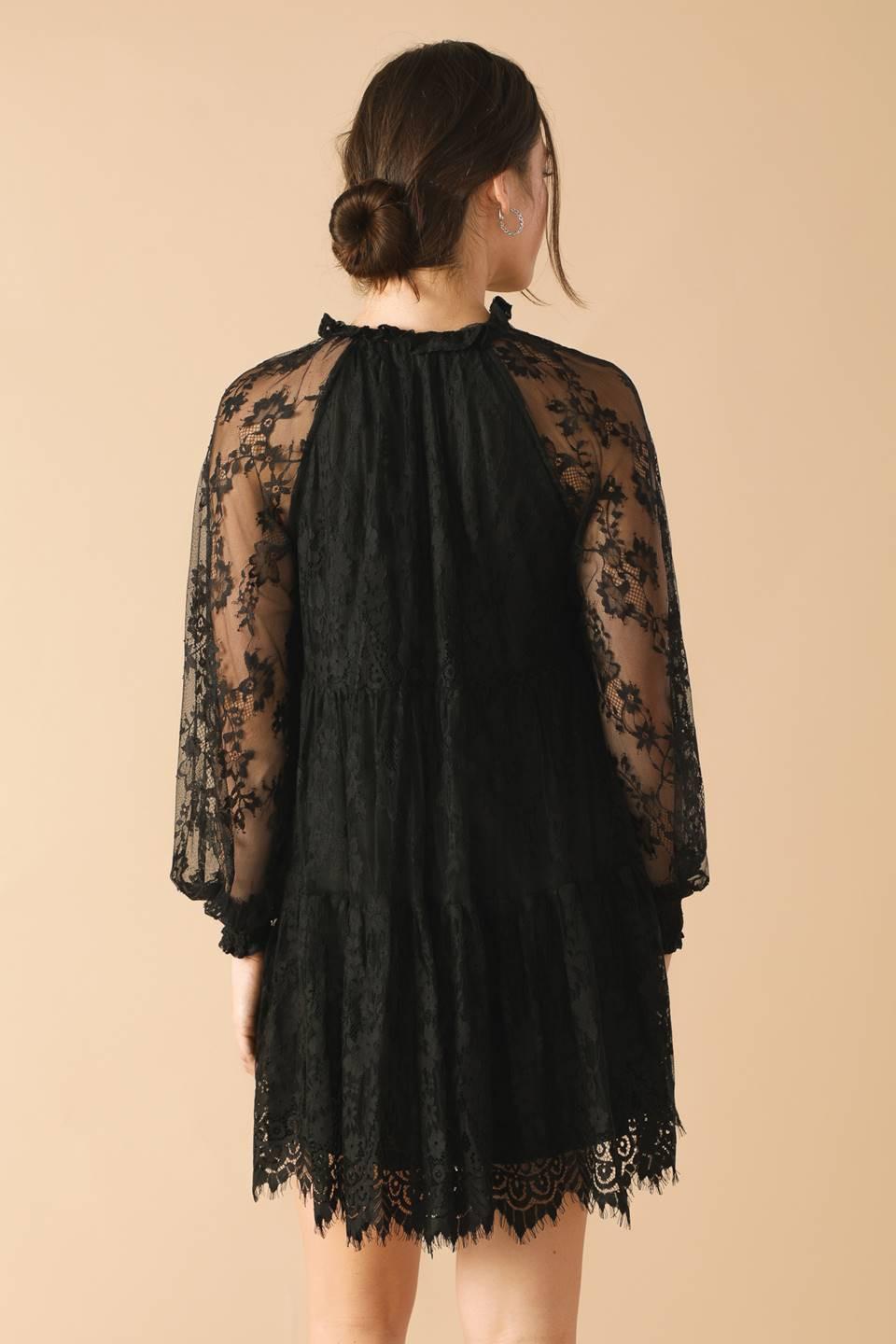 THIS & THAT BLACK WOVEN LACE MINI DRESS.