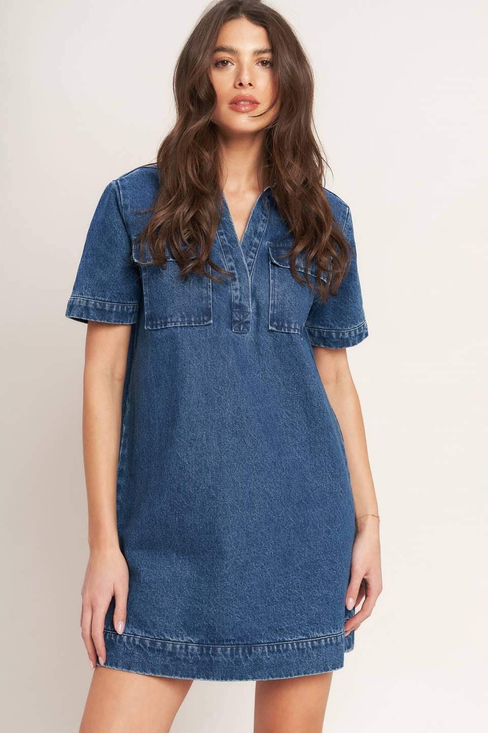BLUE CANVAS DENIM MINI DRESS.