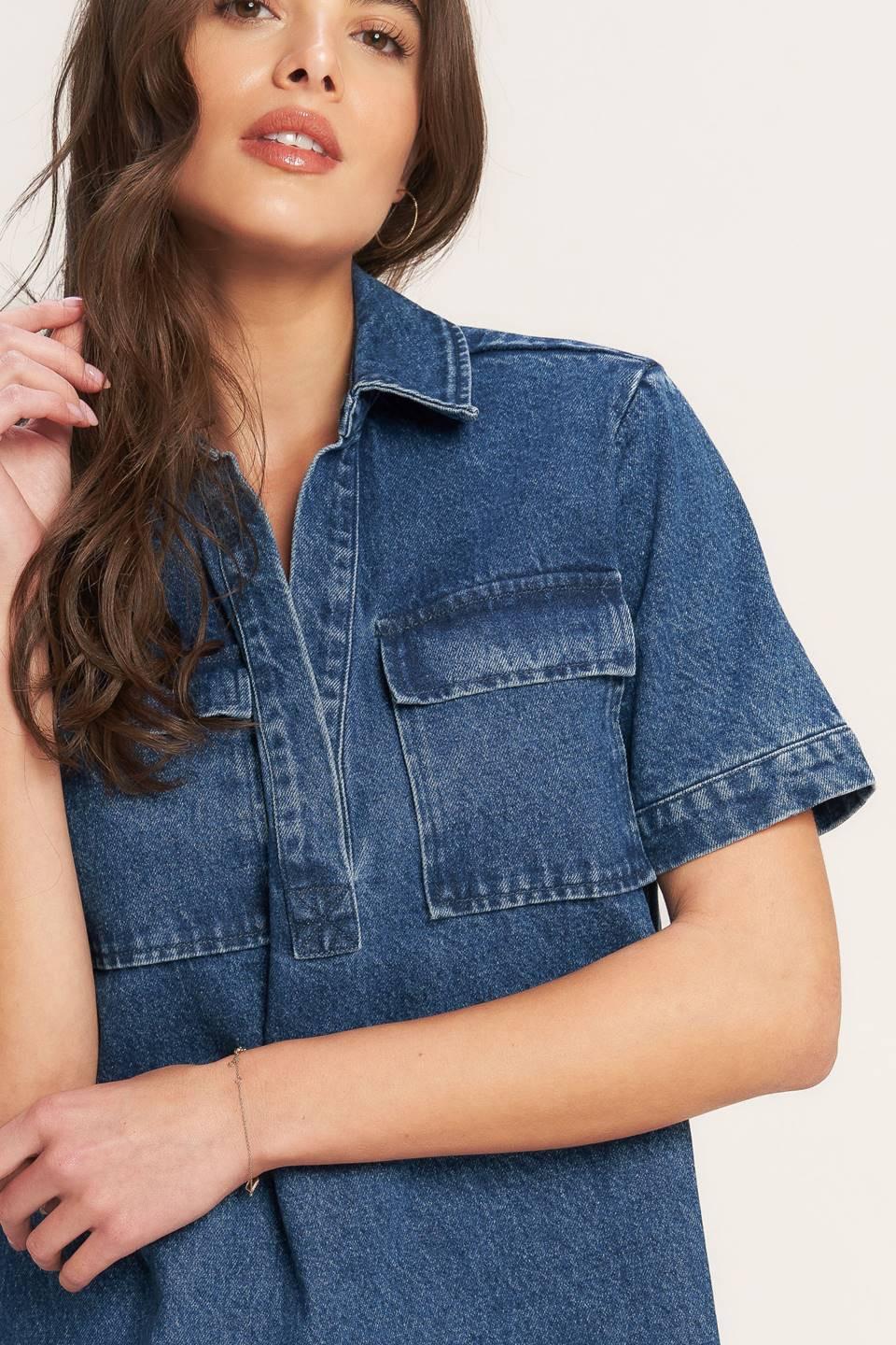 BLUE CANVAS DENIM MINI DRESS.