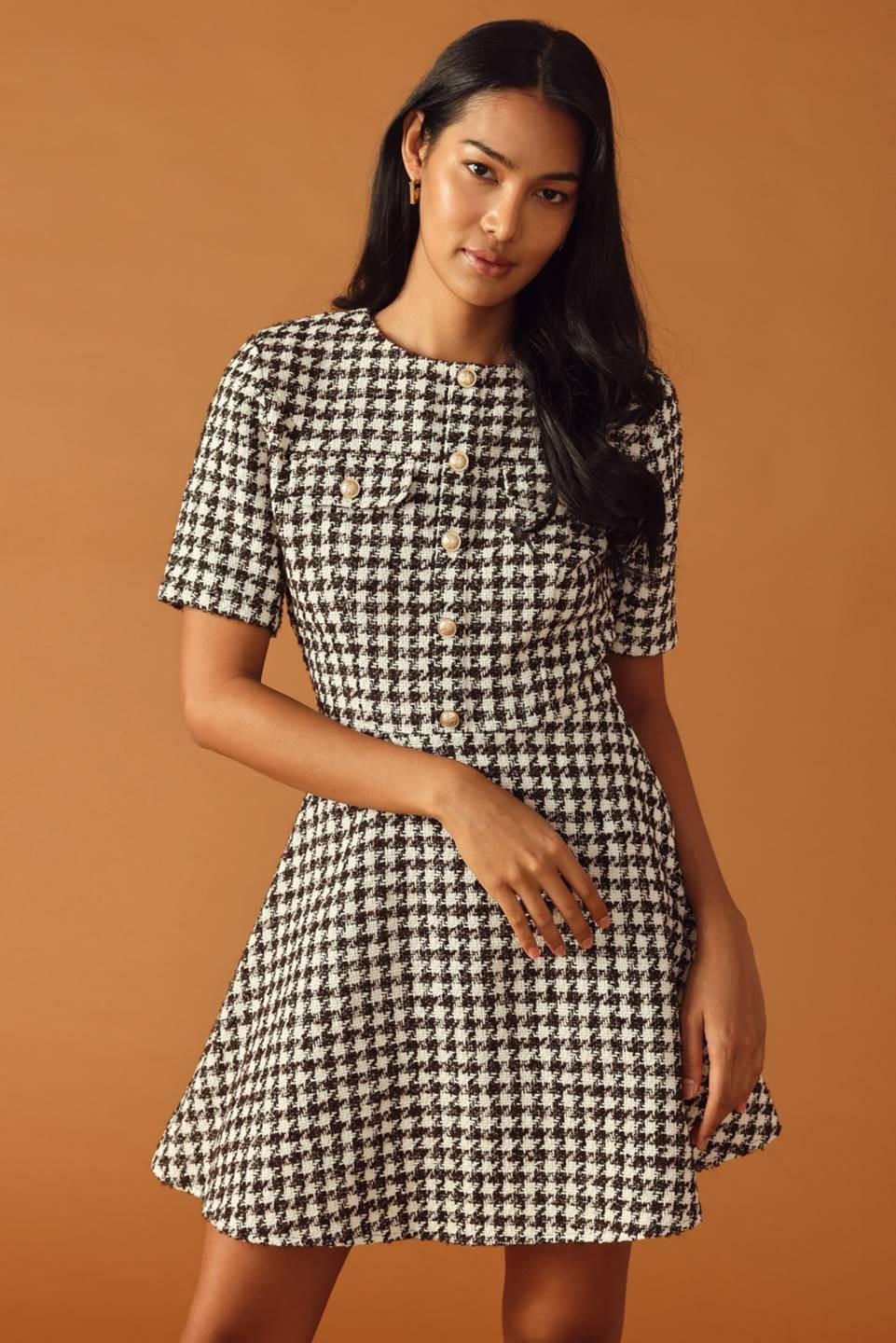 FALLING INTO PLACE TWEED MINI DRESS.