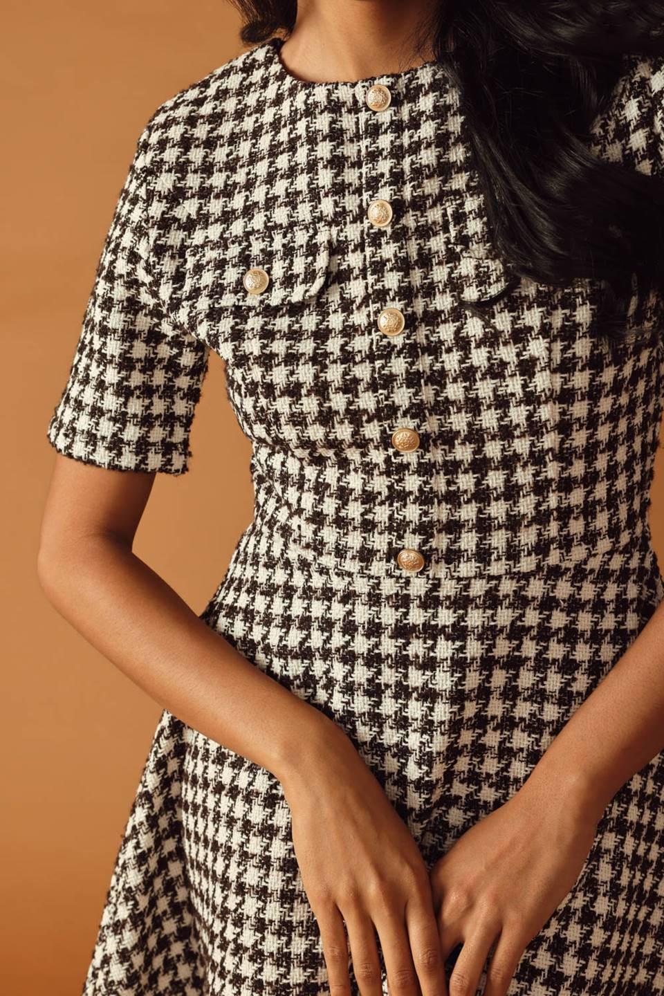 FALLING INTO PLACE TWEED MINI DRESS.