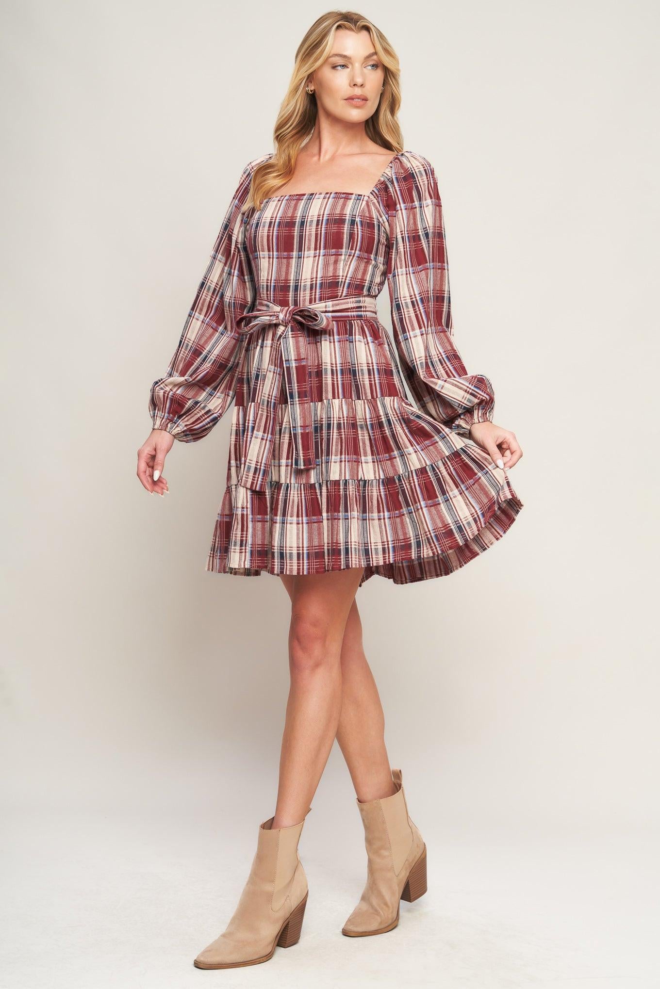 HONEY HUG PLAID MINI DRESS.