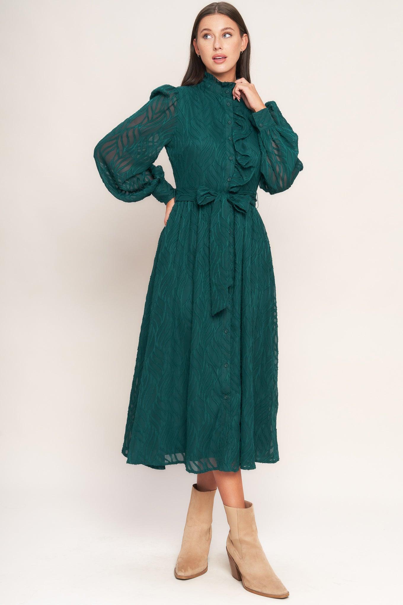 EMERALD WHISPER WOVEN MIDI DRESS.