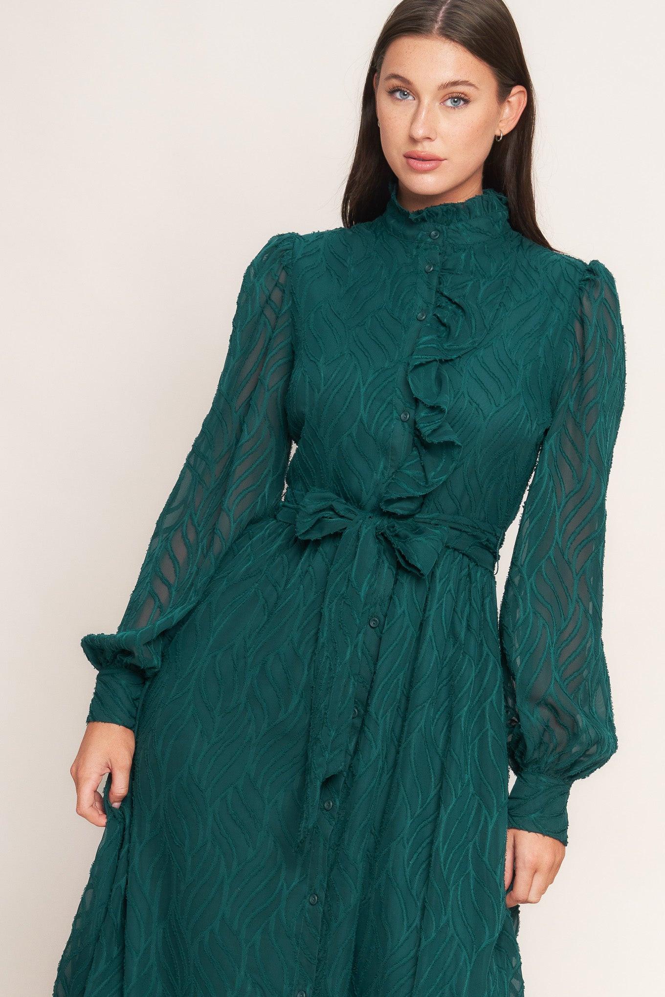 EMERALD WHISPER WOVEN MIDI DRESS.
