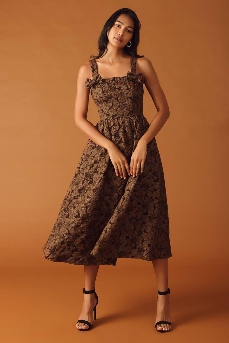 LOST IN TIME WOVEN MIDI DRESS.