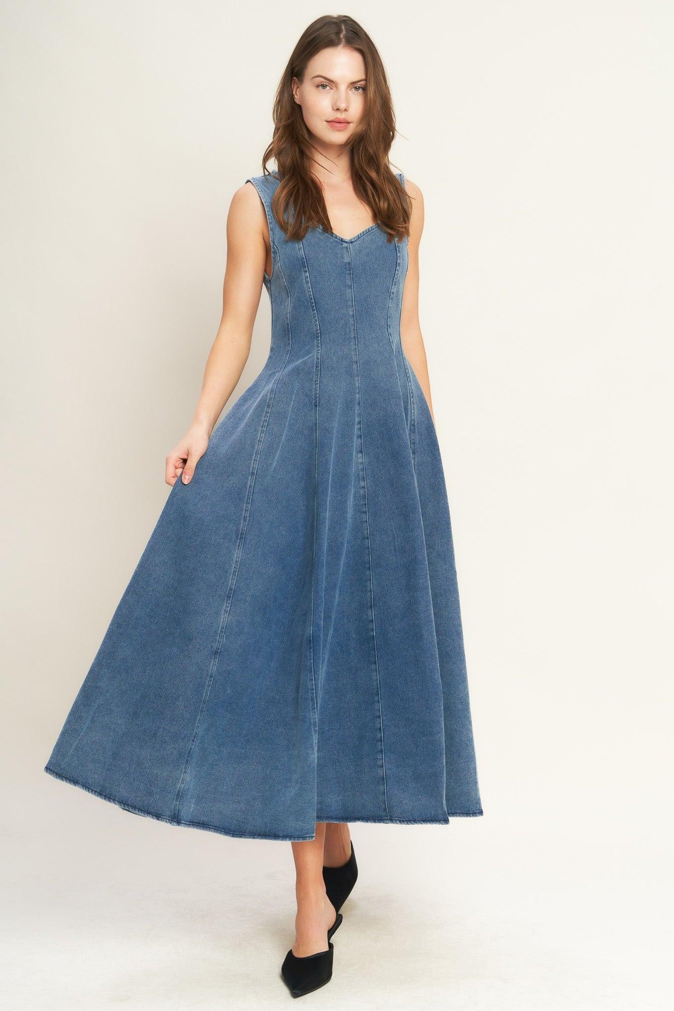 STARS AHEAD DENIM MIDI DRESS - Flying Tomato - DRESSES - Flying Tomato