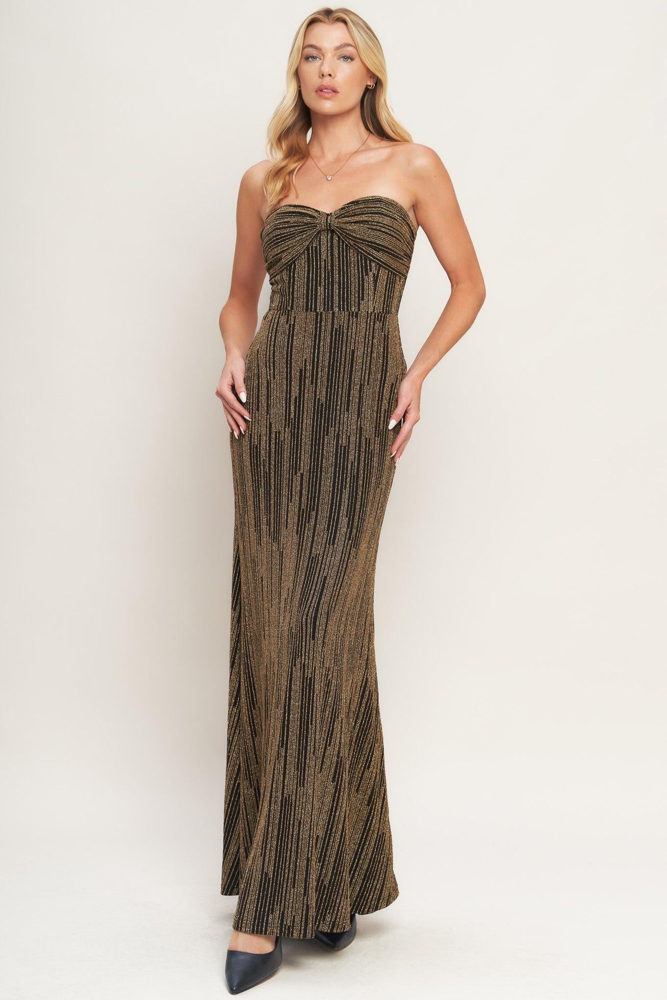 SACRED PROMISES METALLIC WOVEN MAXI DRESS.