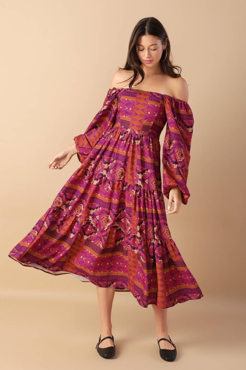 MELLOW MOMENTS WOVEN MIDI DRESS.
