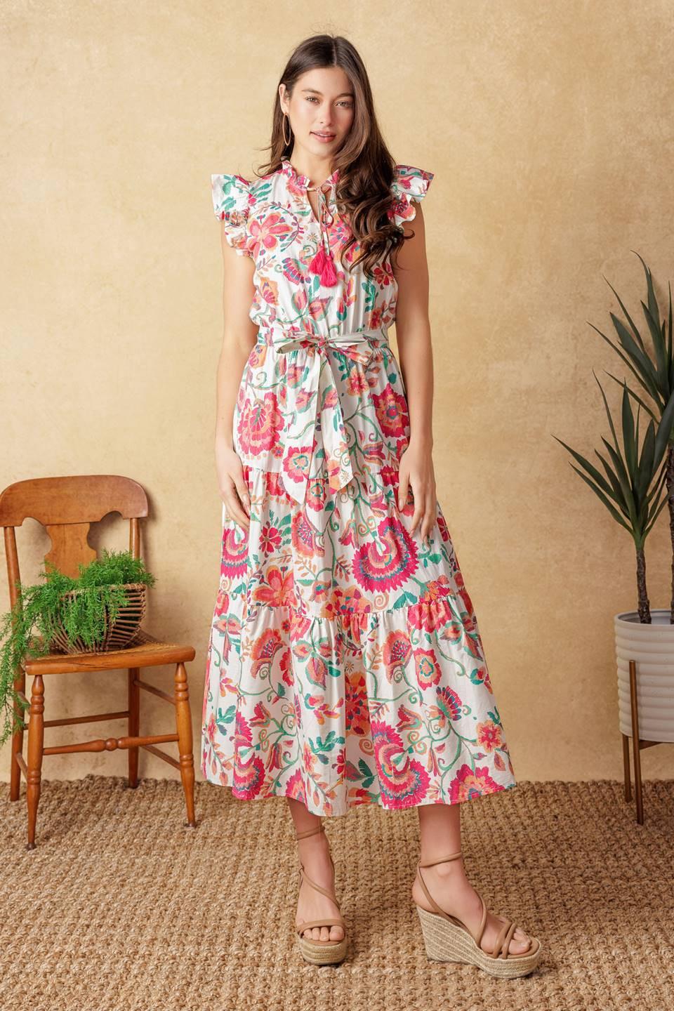 BRIGHT MOMENTS WOVEN MIDI DRESS l FLYING TOMATO IVORY/PINK FLORAL / M BRIGHT MOMENTS WOVEN MIDI DRESS l FLYING TOMATO IVORY/PINK FLORAL / M