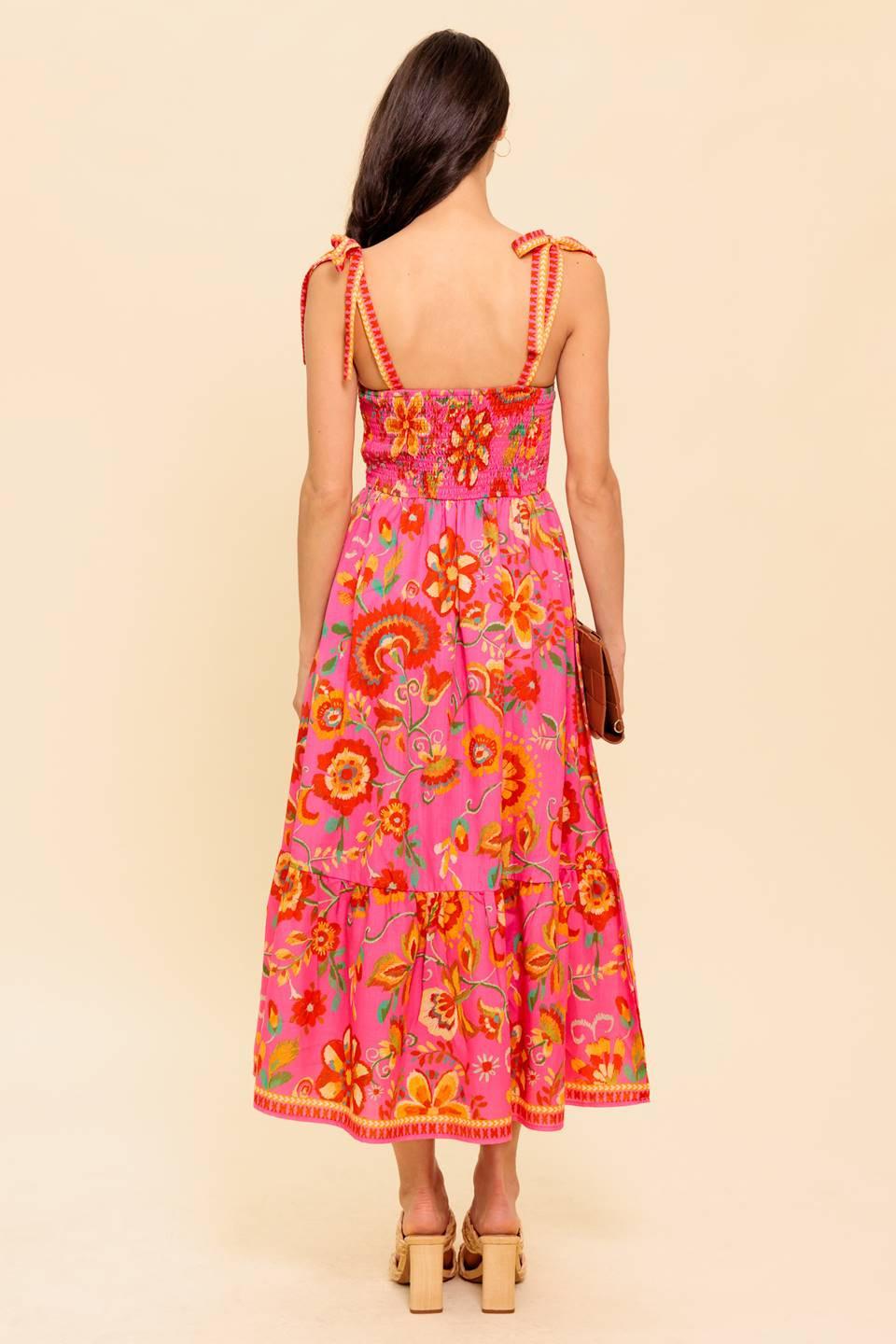 GARDEN GATHERING PINK WOVEN MIDI DRESS.