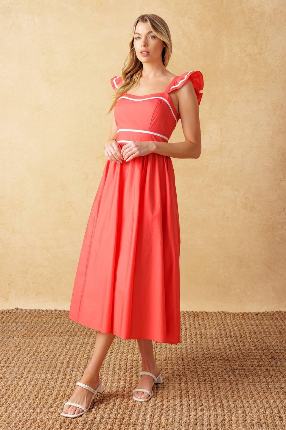 RAISING THE BAR WOVEN MIDI DRESS.