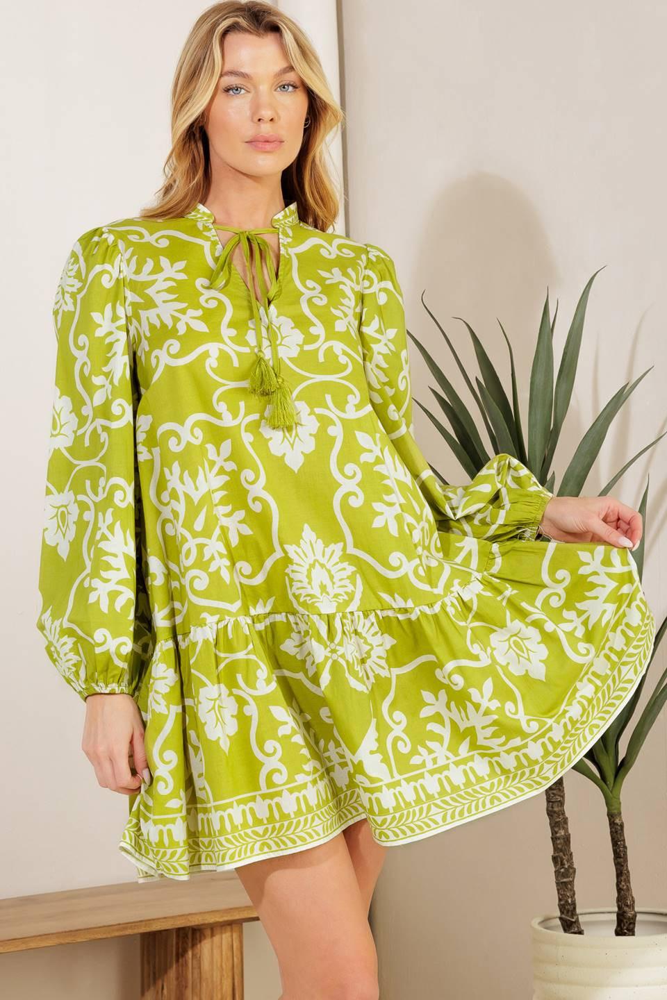 CATCHING FLIGHTS LIME WOVEN MNI DRESS.