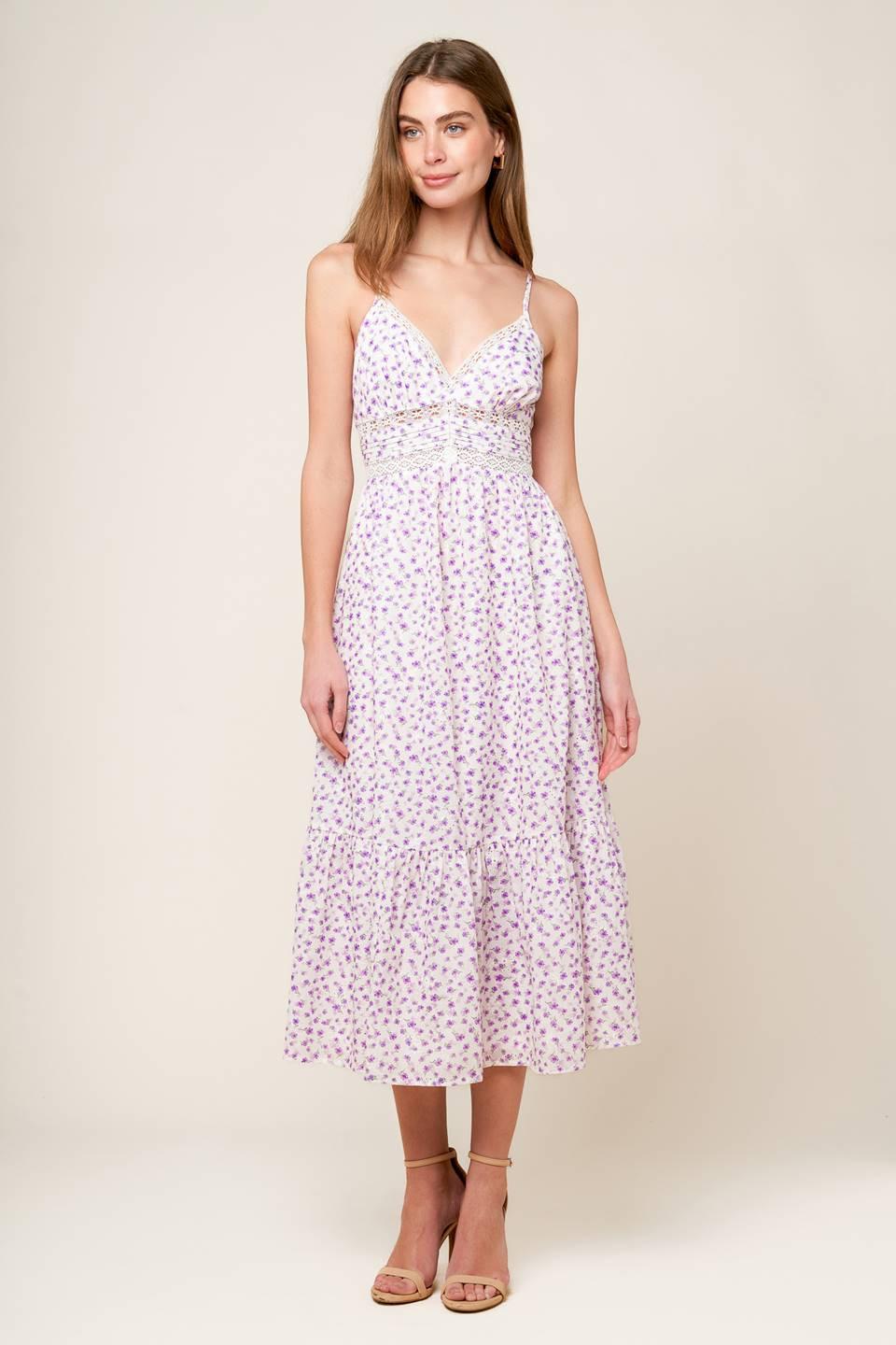 DAYLIGHT GLIMMER LAVENDER WOVEN MIDI DRESS.