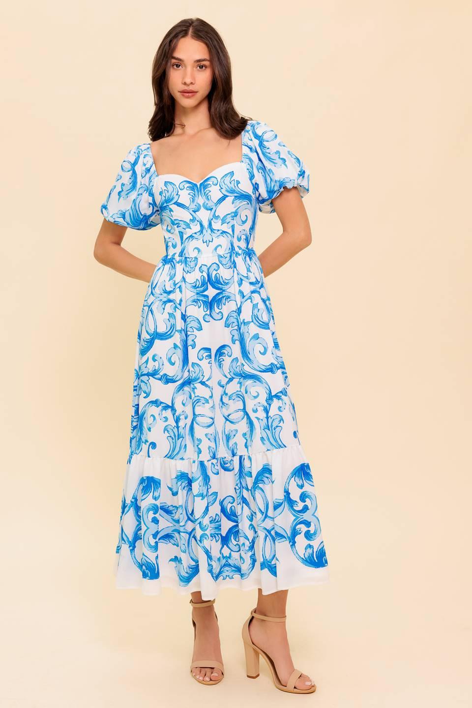 knee length dresses for ladies A WORK OF ART BLUE WOVEN MDI DRESS l FLYING TOMATO