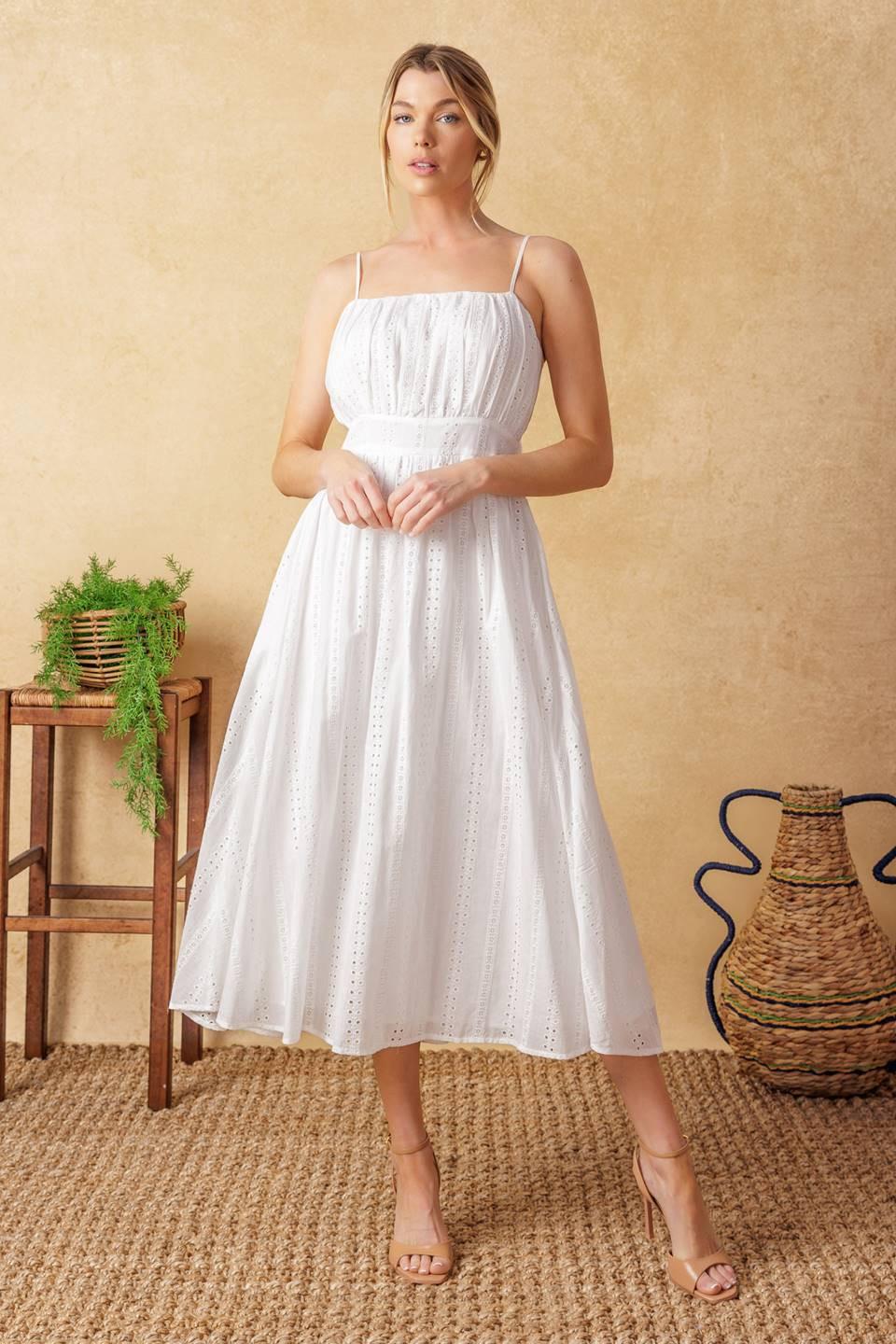 BACK AND FORTH EYELET MIDI DRESS.