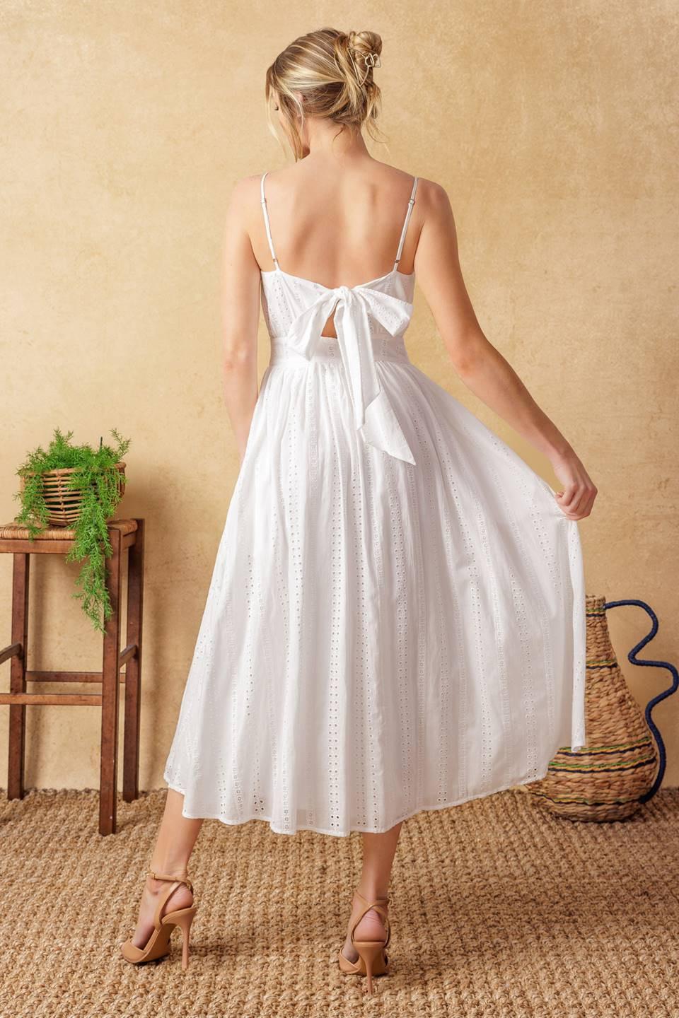 BACK AND FORTH EYELET MIDI DRESS.