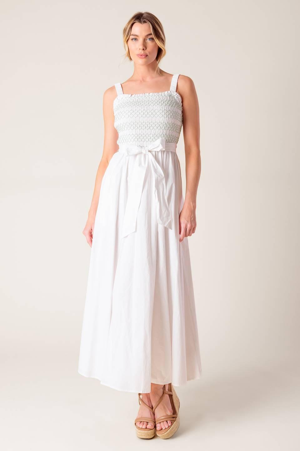 ROMINA BRODERIE WOVEN MIDI DRESS.