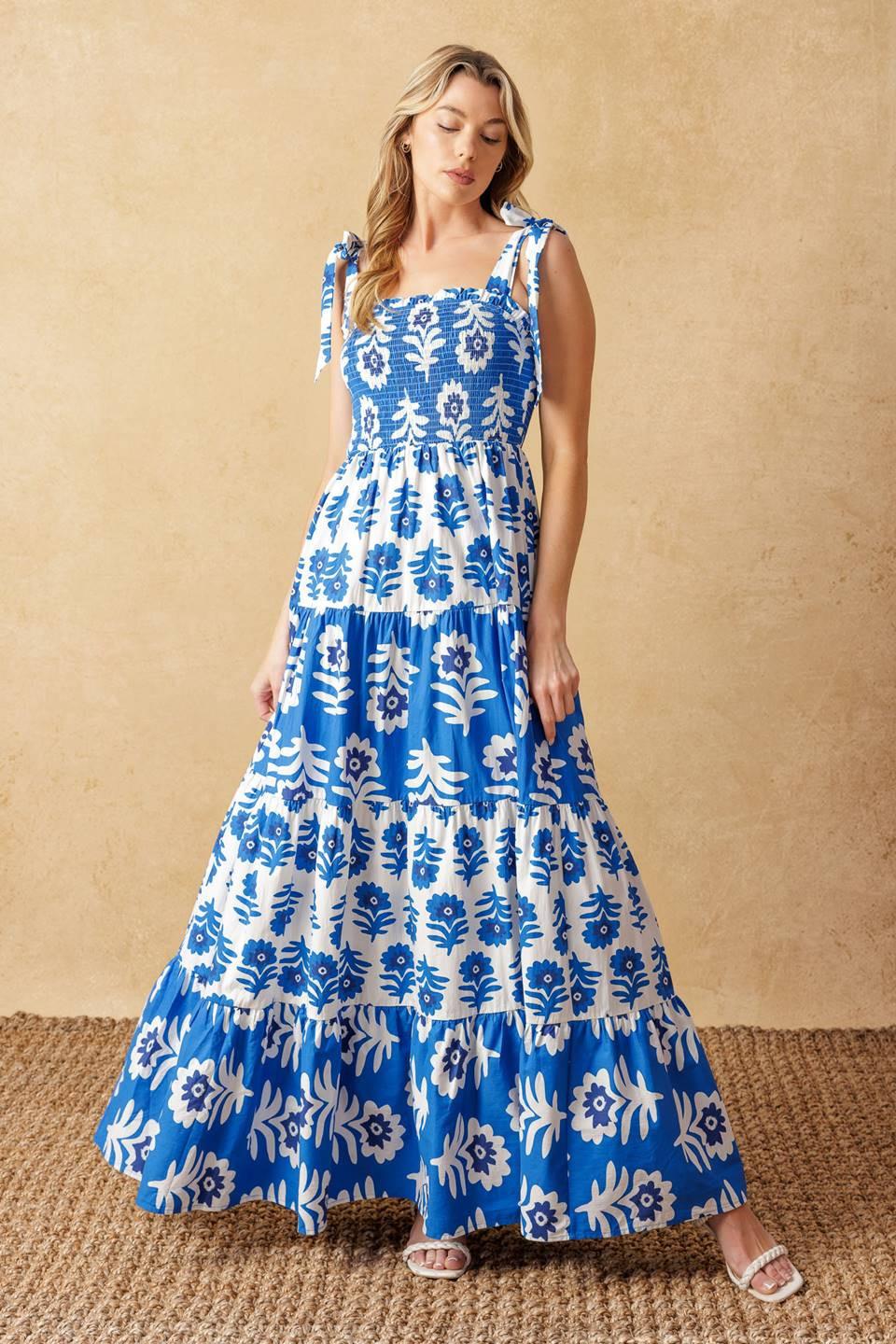 A printed woven maxi dress featuring straight neckline, shoulder straps, smocked bodice and tiered skirt
Details:
Self : 100% Cotton
Contrast : 100% Cotton
Size & Fit
- Model is 5`10" And Wearing Size Small
- Measurements Taken From Size Small
- Approx. Length: 59"
