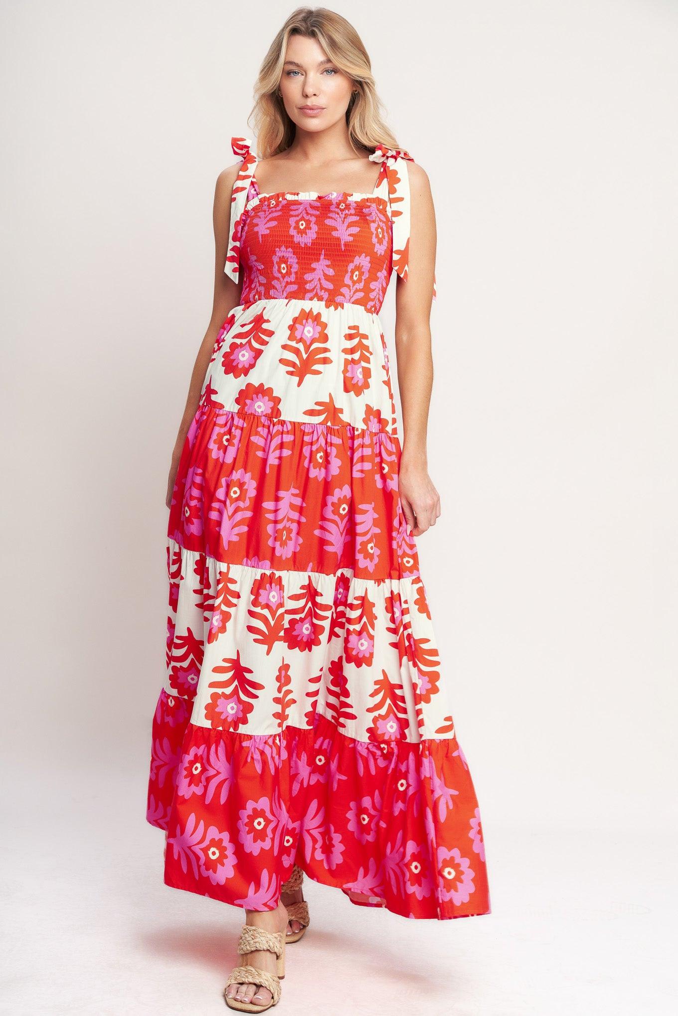A printed woven maxi dress featuring straight neckline, shoulder straps, smocked bodice and tiered skirt
Details:
Self : 100% Cotton
Contrast : 100% Cotton
Size & Fit
- Model is 5`10" And Wearing Size Small
- Measurements Taken From Size Small
- Approx. Length: 59"