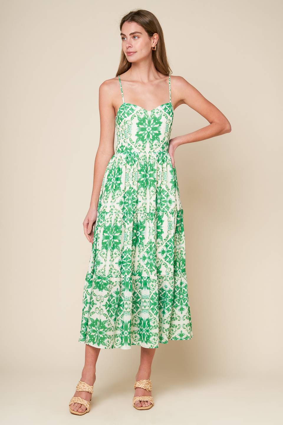 A printed woven midi dress featuring cami top with straps, tiered skirt and smocked back bodice.