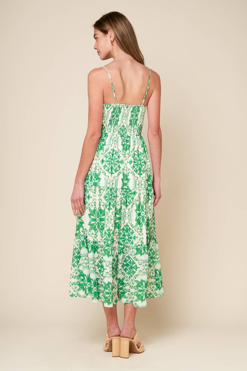 A printed woven midi dress featuring cami top with straps, tiered skirt and smocked back bodice.