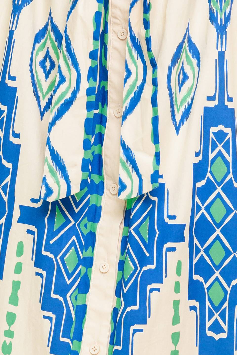 A printed woven midi dress featuring collar, V neckline, short sleeve, button down and self sash tie.
