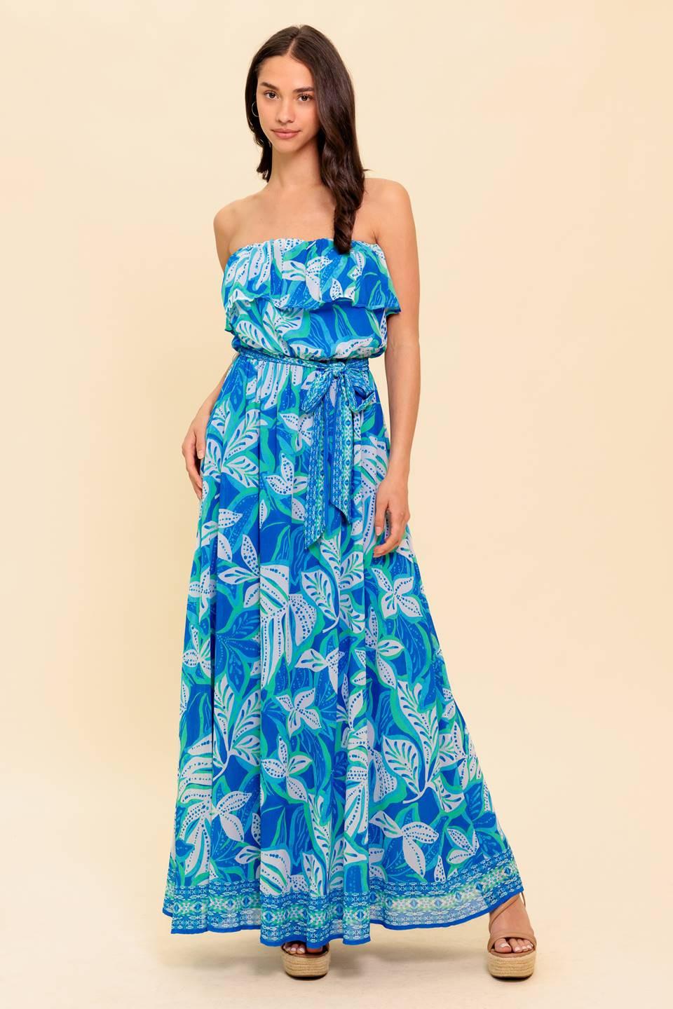 A printed woven maxi dress featuring strapless, flounce and elasticized waist