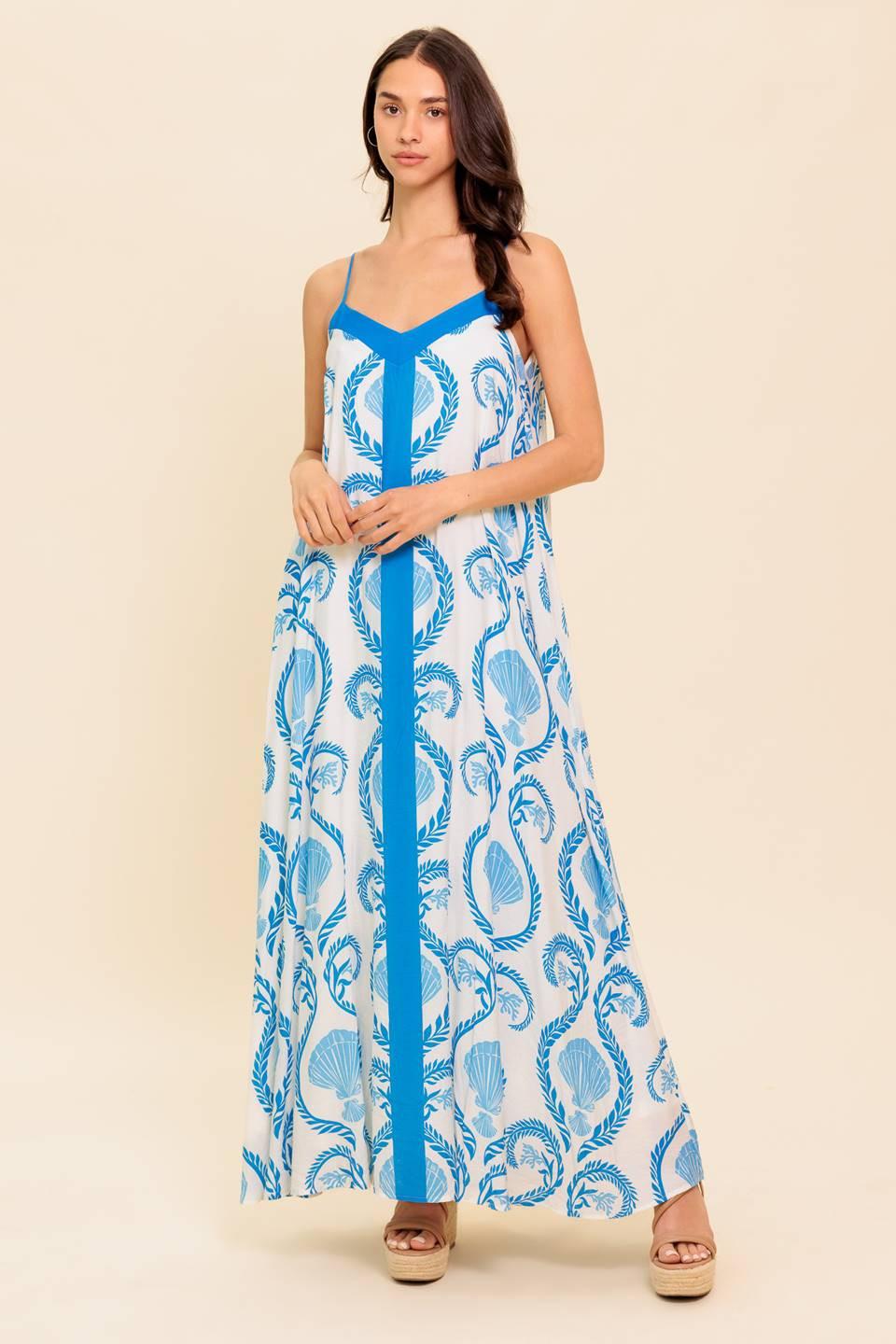 Weekend Getaway Blue Woven Maxi Dress L Flying Tomato Ivory Blue / S