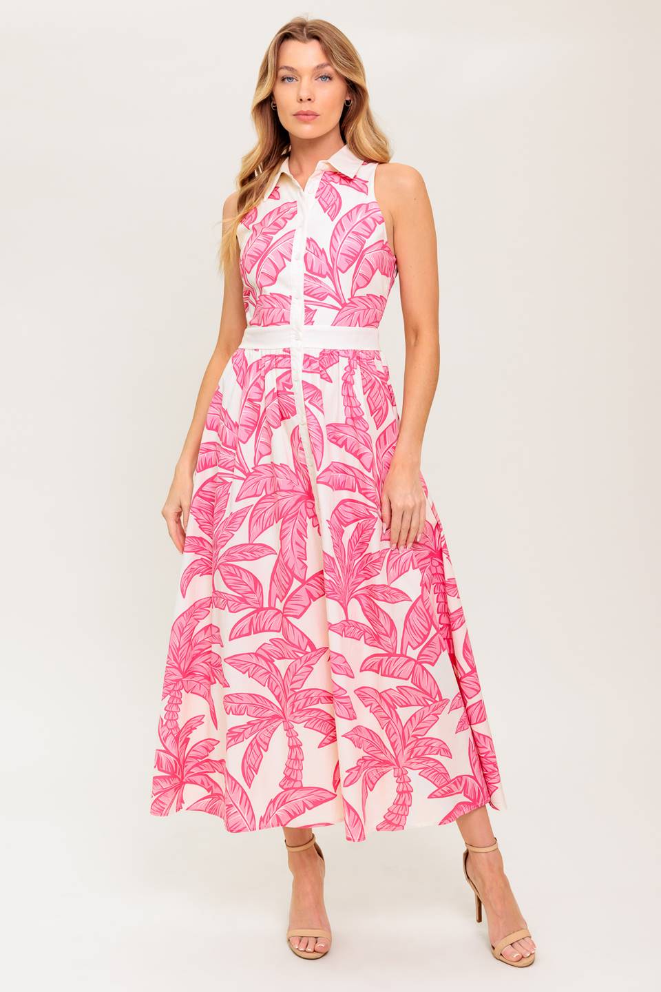 A sleeveless, pink and white printed woven midi dress featuring collar, button down closure and full skirt