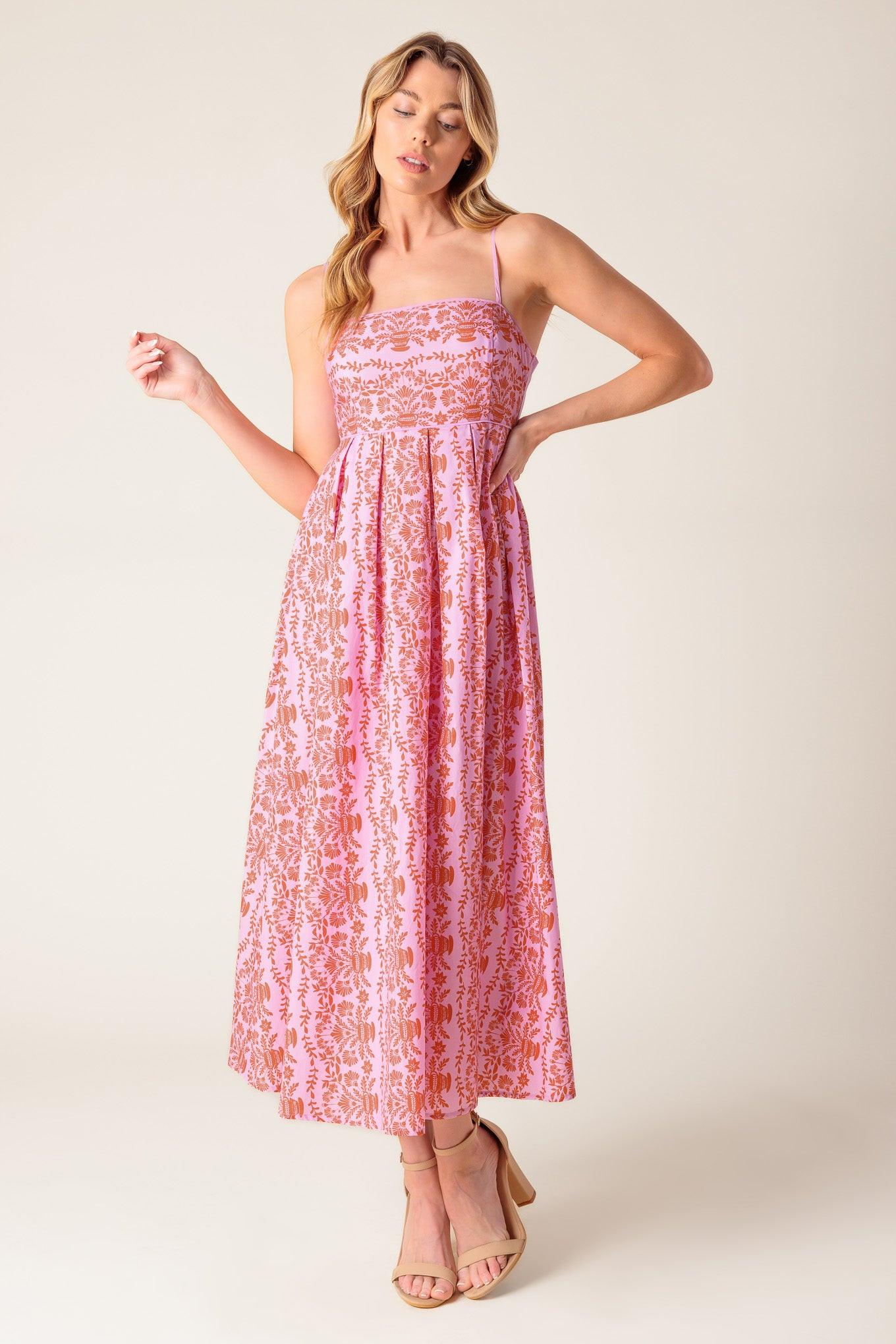 THE EVETTE PINK WOVEN MIDI DRESS.