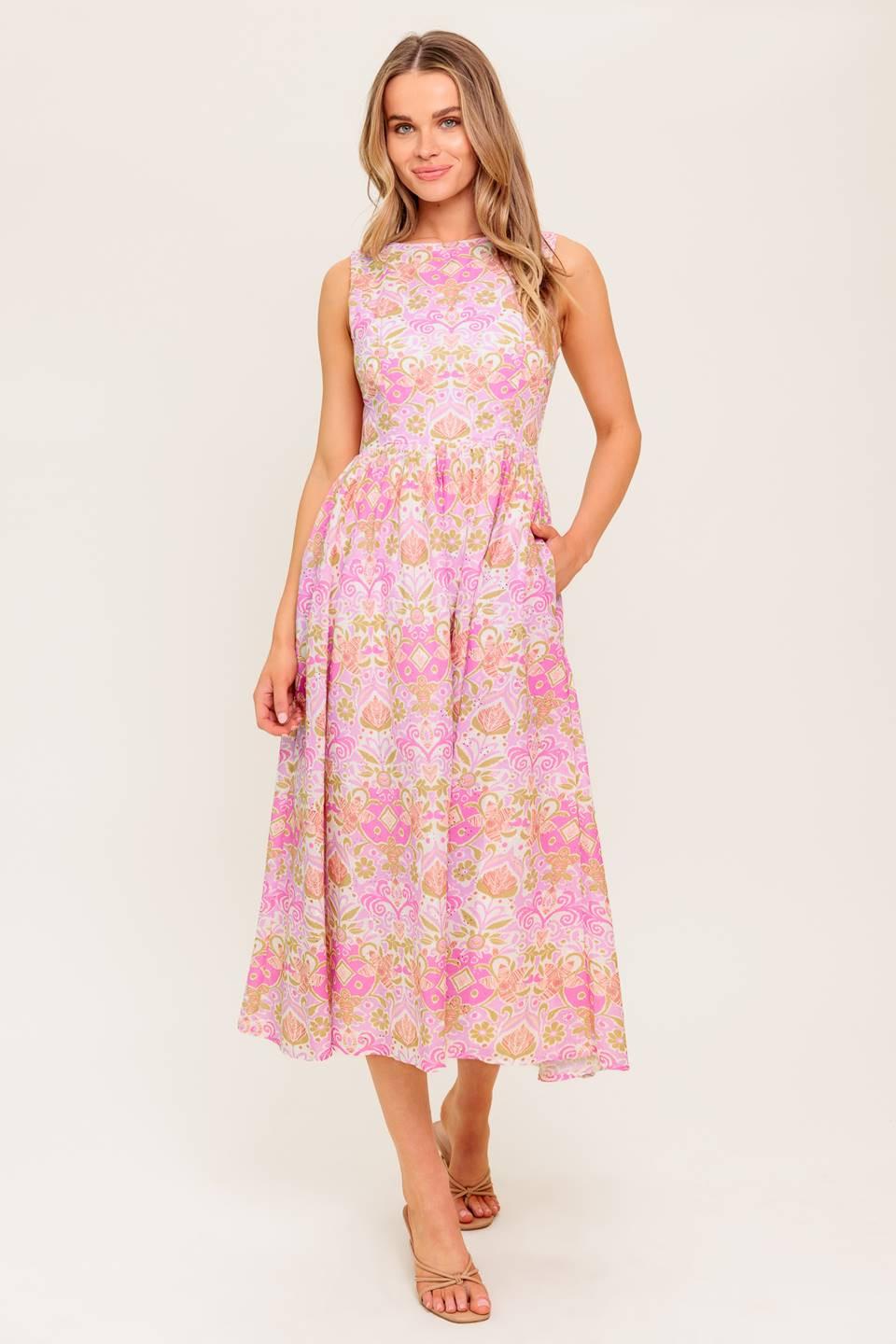 pink midi sun dress UNDER THE Sun PINK WOVEN MIDI DRESS l FLYING TOMATO PINK / M